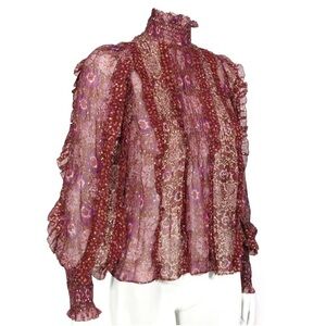 Ulla Johnson Burgundy Floral Ruffled High-Neck Blouse